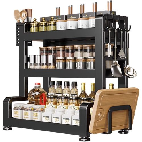 Kitchen Seasoning Rack, 3 Tier Tableware Holder for Countertops,Cutlery Organizer with Cutting Board & Lid Pot,Kitchen Storage Shelf with Hooks,Black