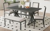 TOPMAX Farmhouse Classical 6-Piece Dining Table Set with Trestle Legs,Kitchen Table Set for 6 with 4 Upholstered Dining Chairs and Bench, Grey