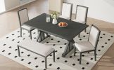 TOPMAX Farmhouse Classical 6-Piece Dining Table Set with Trestle Legs,Kitchen Table Set for 6 with 4 Upholstered Dining Chairs and Bench, Grey